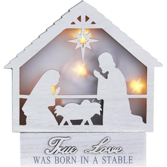 Holiday | Large Led Nativity Scene Wooden Block With True Love Was Born ...